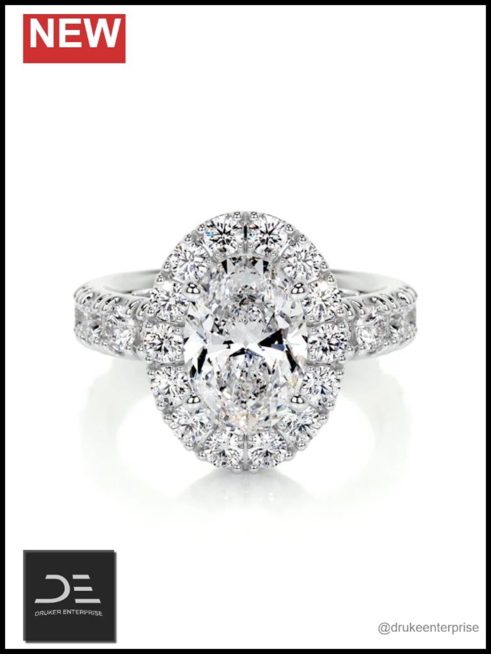 4ct Oval Moissanite Engagement Ring Platinum Plated Silver Cathedral Halo